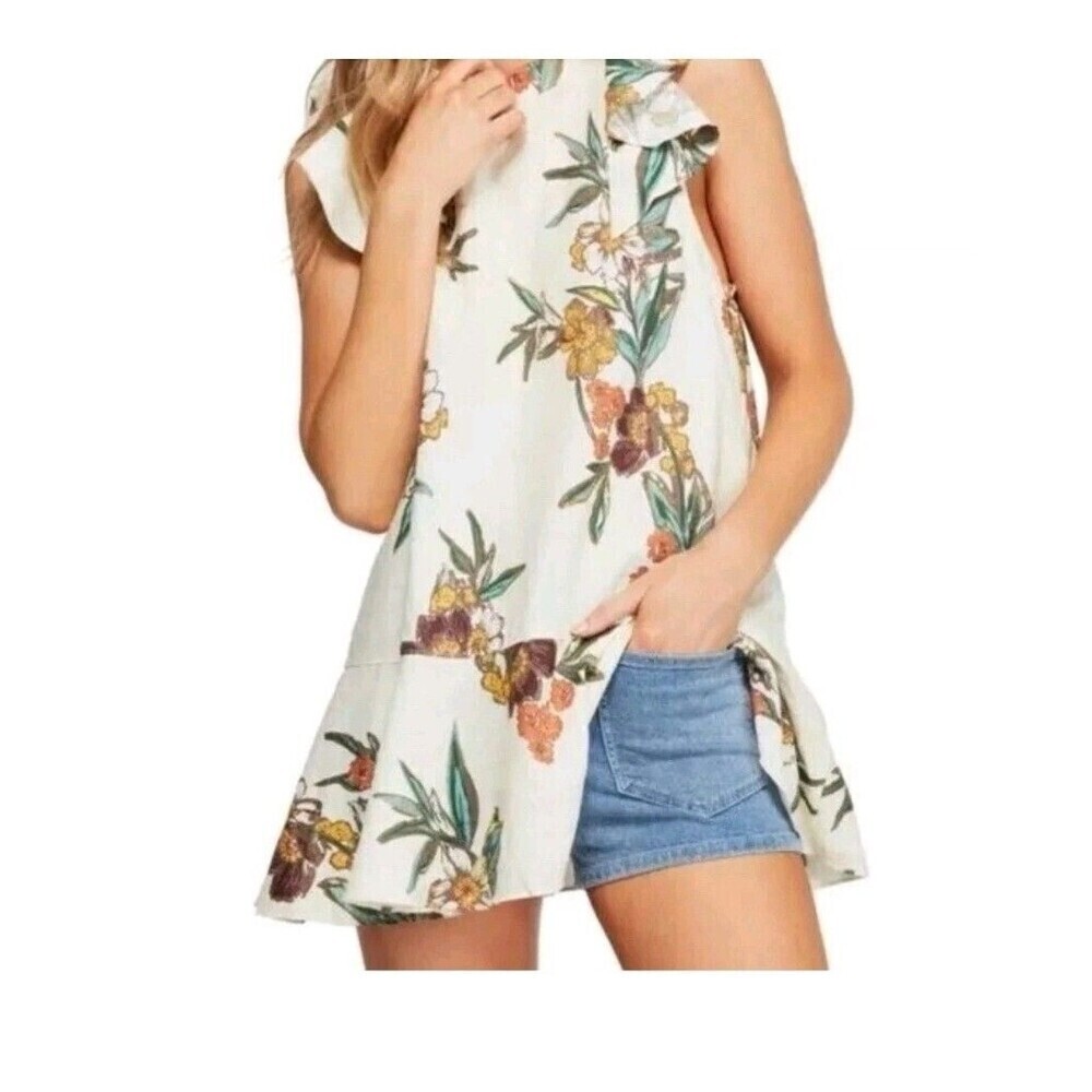 FREE PEOPLE Summer In Tulum Linen Blend Floral Printed Tunic Top In Ivory Size M